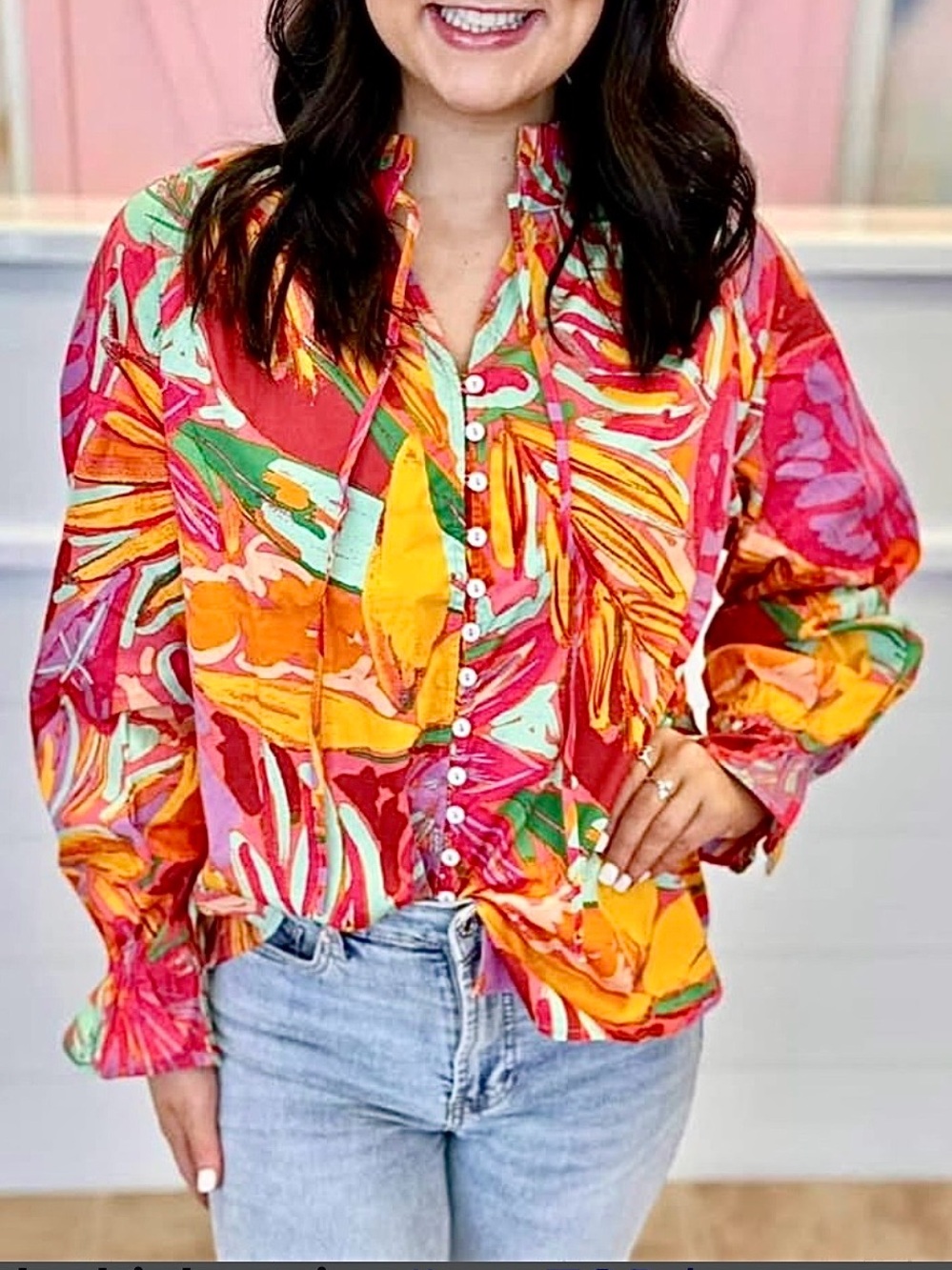 Karlie Colorful Abstract Tropical Palm Print Blouse